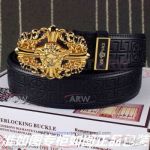 AAA Versace Black Leather Belt - Yellow Gold Medusa Cross Buckle